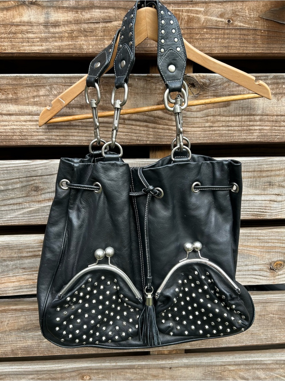 Vintage Y2K Studded Heart Black Leather Betsy Johnson Bag - Picture 8 of 8